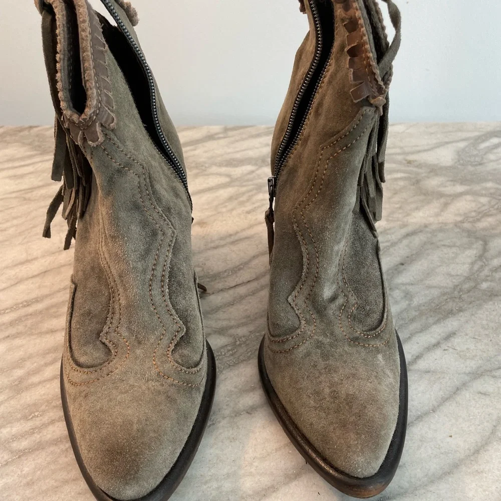 El Vaquero suede Cowboy Cowgirl western fringe leather ankle boots Italy 7.5